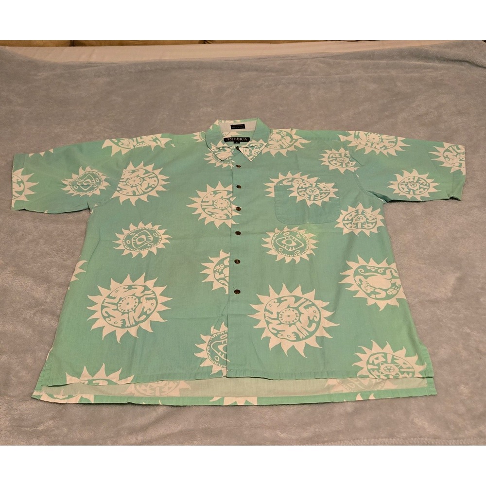 Vintage 90s America Perry Ellis Aztec Sun Graphic Shirt Mint Green Mens L